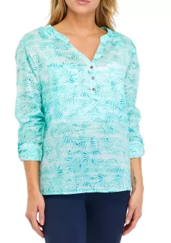 New 🎉 Ocean + Coast® 👩 Women's Tropical Leaf Print Henley 👕 Shirt 🎁
