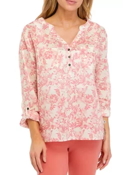 New 🎉 Ocean + Coast® 👩 Women's Tropical Leaf Print Henley 👕 Shirt 🎁 -Ocean + Coast® Sales Store Belk 1368