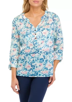 New 🎉 Ocean + Coast® 👩 Women's Tropical Leaf Print Henley 👕 Shirt 🎁 -Ocean + Coast® Sales Store Belk 1369